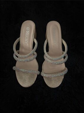 Delicacy Women's Gold Multi-Rhinestone Strappy Slide Heels